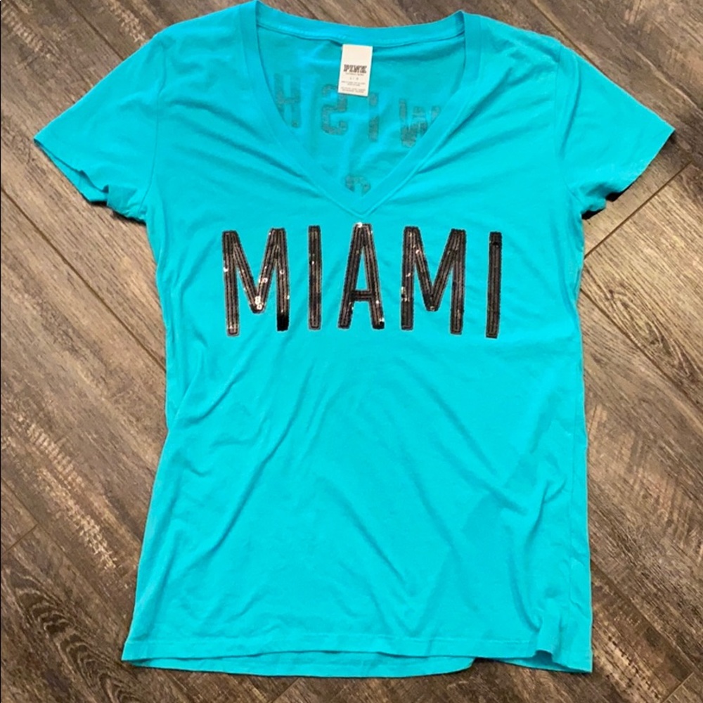 PINK black sequin Miami v neck t shirt  teal L